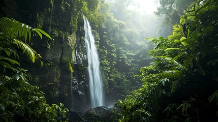 Tropical waterfall in lush jungle with sun rays through trees