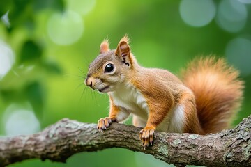 Obraz premium Cute squirrel sitting on tree branch in the forest