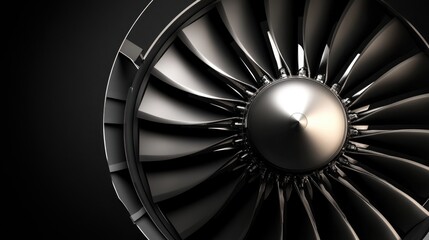 A powerful jet turbine engine with metallic blades, set against a dark metallic gray gradient