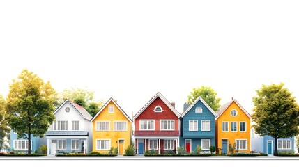 Vibrant row of colorful houses illustrating a neighborhood event featuring community businesses and local engagement activities