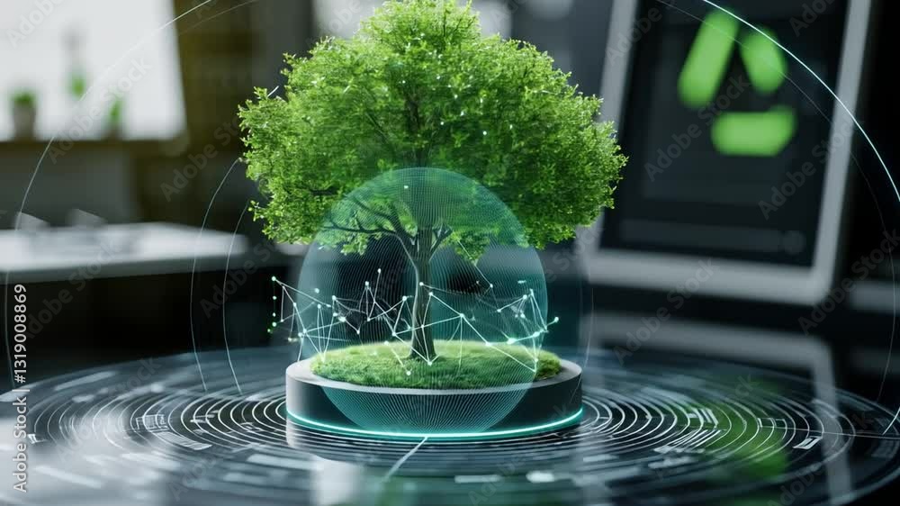 Poster green tree model surrounded by digital circles and lines representing technology and nature integrat