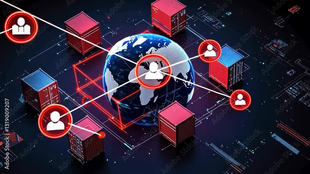 Poster futuristic digital network interface with user profile displayed on globe surrounded by red storage 