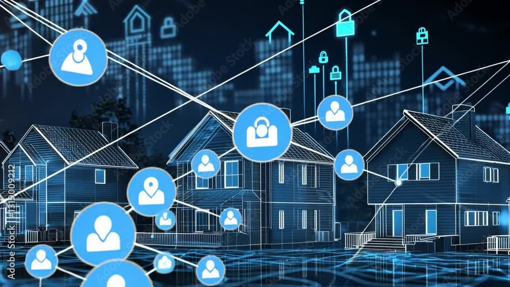 Aufkleber digital network connectivity with modern houses and interactive icons representing smart home techno