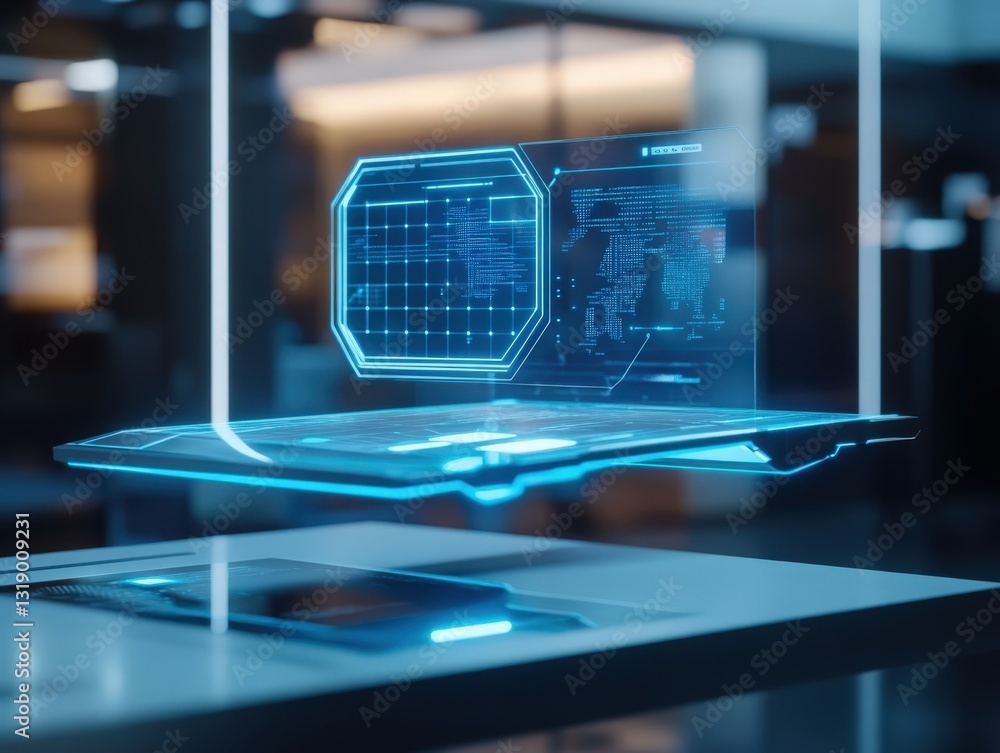Poster futuristic holographic interface displaying global data, symbolizing technological advancement and i