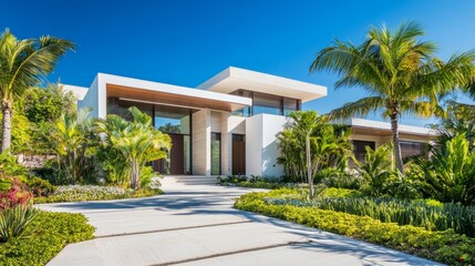 Fototapeta premium Modern Luxury Home Entrance with Clean Lines, Surrounded by Greenery, Under a Clear Blue Sky, Minimalistic and Serene Design. 
