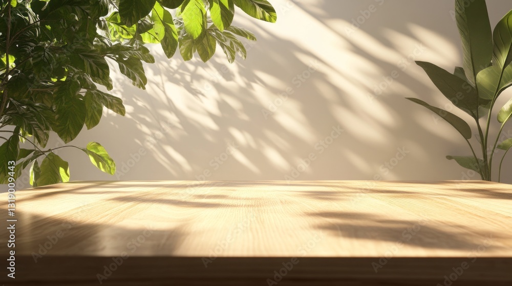 Poster soft morning light filters through lush greenery, casting delicate shadows on a warm wooden table. t