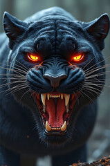 Create a totally angry panther face with blue light eyes and Metallica look