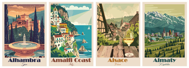 Vintage Travel Poster Collection – Alhambra, Almaty, Alsace, Amalfi Coast