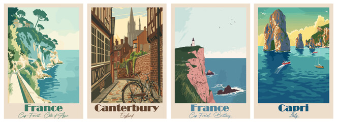 Vintage Travel Poster – Canterbury, Cap Fréhel, Cap-Ferrat, Capri