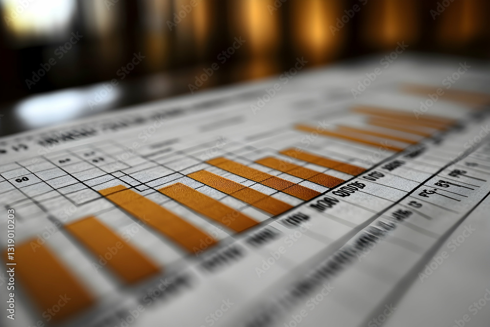 Poster close-up of a bar graph showing upward trend on a document, shallow depth of field