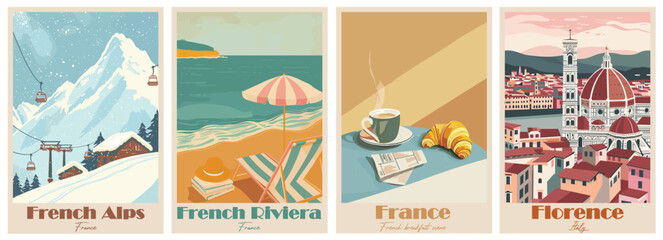 Vintage Travel Poster – Florence, French Alps, French Breakfast Scene, French Riviera