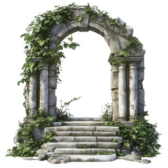 Obraz premium An ancient stone archway overgrown with vines and surrounded by steps.