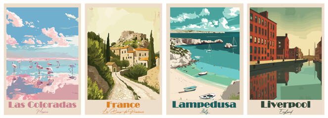 Vintage Travel Poster – Lampedusa, Las Coloradas, Les Baux-de-Provence, Liverpool