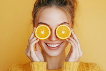 A woman holding two sliced oranges over her eyes