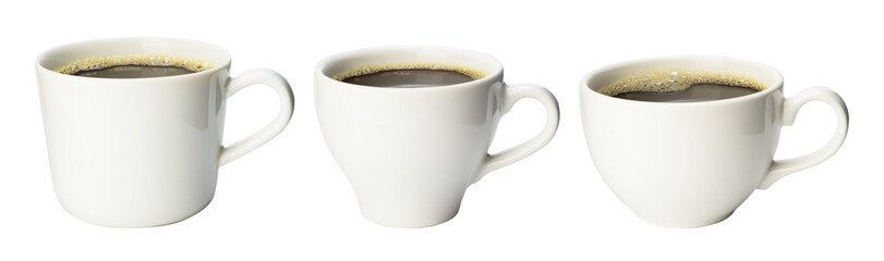 collection of black americano coffee filter and espresso in ceramic coffee mug with handle in difference size, side view isolated clipping path on white background. 