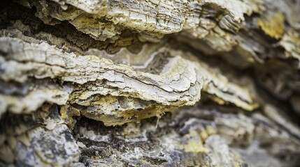 Close-up of intricate layered rock formations with subtle textures and earthy tones, showcasing natural geological patterns and detailed mantle structures. Earth science and geology concepts.