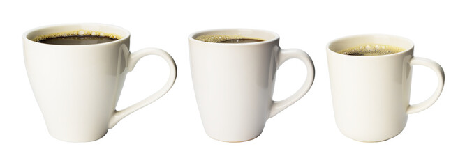collection of black americano coffee filter and espresso in ceramic coffee mug with handle in...