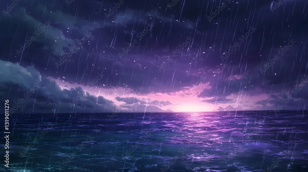 Poster a serene ocean scene with heavy rain and a colorful sky