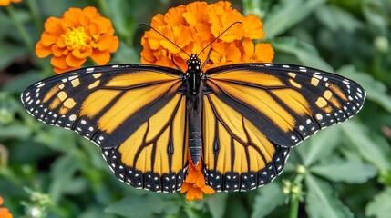 Naklejka premium Monarch butterfly Danaus plexippus perched a vibrant orange marigold flower intricate wing patterns lush green garden backdrop natural sunlight
