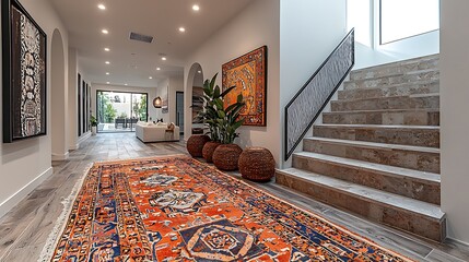 Fototapeta premium Luxurious Modern Home Interior with Area Rug Staircase and Artwork