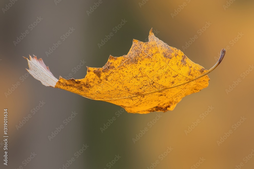 Poster autumn leaf floating in air with soft background blur