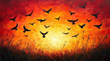 Vibrant summer sunset with rich reds and yellows, birds scattered in an elegant dance