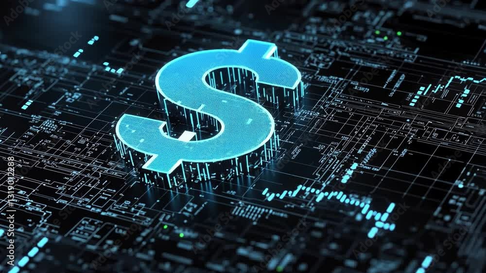 Poster abstract representation of financial data and investment, featuring a glowing dollar symbol surround