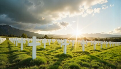 Fototapeta premium Sunlit cemetery landscape featuring rows of white crosses against a vibrant green grassy field and majestic mountains, memorial reflection concept of funeral home or event planner