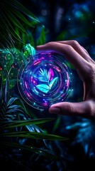 Naklejka premium Individual holding a circular object symbolizing global digital technology and business networking concepts