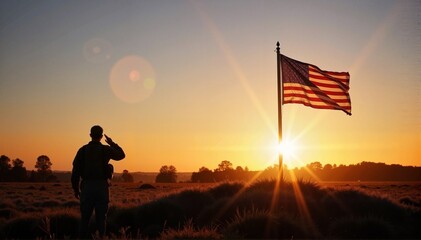 Saluting soldier in uniform honoring the American flag against a vibrant sunset background, memorial tribute concept of military organizations or veteran services