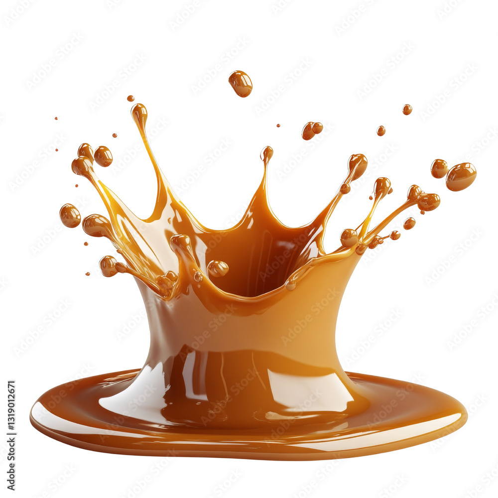 Poster a splash of brown liquid, creating dynamic droplets and ripples.