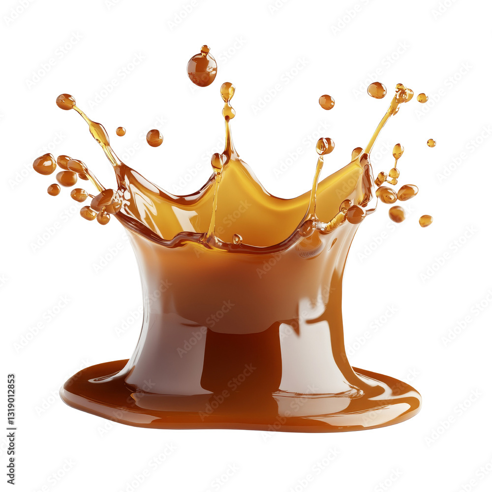 Poster a splash of liquid resembling syrup or caramel, showcasing dynamic movement and texture.