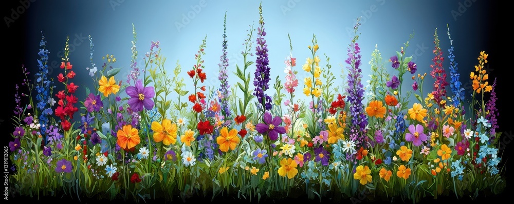 Poster a vibrant array of colorful flowers blooming in a lush garden setting, creating a lively and cheerfu