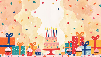 Fototapeta premium Colorful birthday party setup with cake and presents, celebration joy