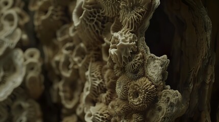 Close-up of intricate layered rock formations with subtle textures and earthy tones, showcasing natural geological patterns and detailed mantle structures. Earth science and geology concepts.