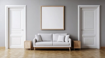 Minimalist living room interior with sofa, doors, and blank frame.