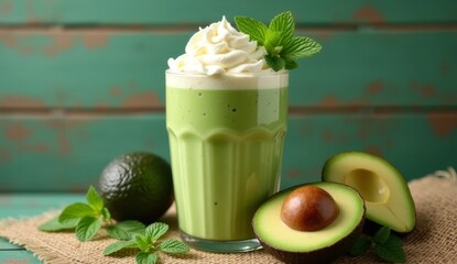 A creamy avocado smoothie topped with whipped cream, garnished with fresh mint leaves, displayed alongside a halved avocado on burlap over a green wood background
