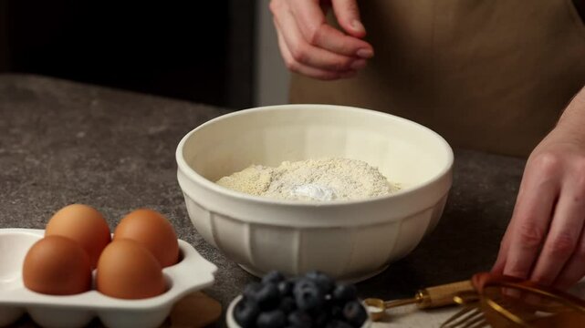 A woman's hand adds ingredients to the dough using a special measuring spoon. Cooking at home.