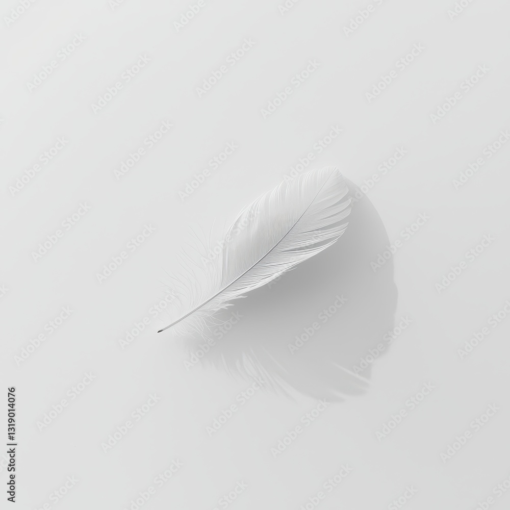 Poster elegant white feather on soft smooth surface with subtle shadows