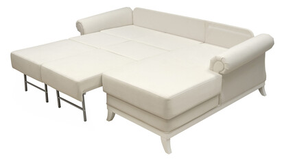 Corner sofa isolated on white background. Path. The sofa is laid out for sleep