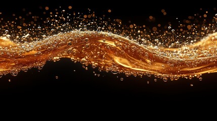 Fototapeta premium Amber liquid flowing, bubbles rising on black