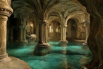 Ancient stone ruins overlooking tranquil emerald waters. AI image