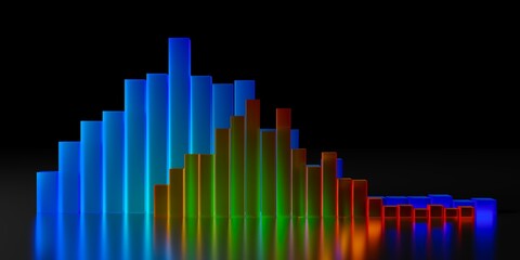 Bar graph from red and blue glass cubes on reflective black background, finance business stock growth diagram concept template