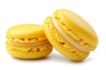 Few vibrant yellow macarons on solid white background. AI image