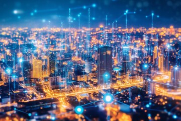 Obraz premium Cyberpunk-style digital cityscape with glowing blue gridlines 