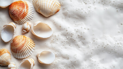 Close-up seashells with sea foam on sandy beach