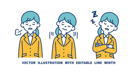 ネガティブなイメージの、リクルートスーツを着た女性のベクターイラスト素材セット＿線幅の編集可能