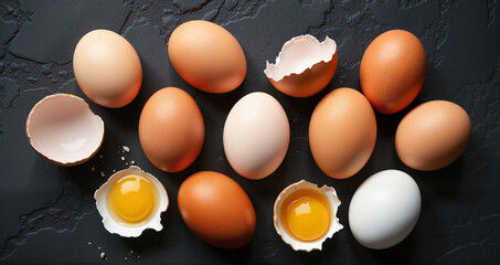 Fresh Bavarian farm eggs on a black background with a cracked egg revealing bright golden yolks, for cooking and nutrition concepts