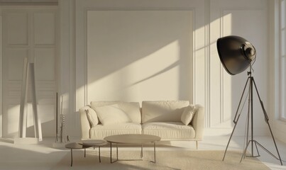 Minimalist living room with beige sofa, coffee tables, and floor lamp.