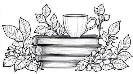 Teacup on books with blossoms; cozy reading scene;  home d?cor